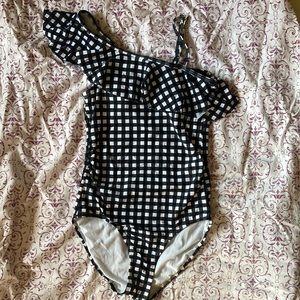 Lime Ricki Black White Gingham One Piece Ruffle Swim Suit Modest Small